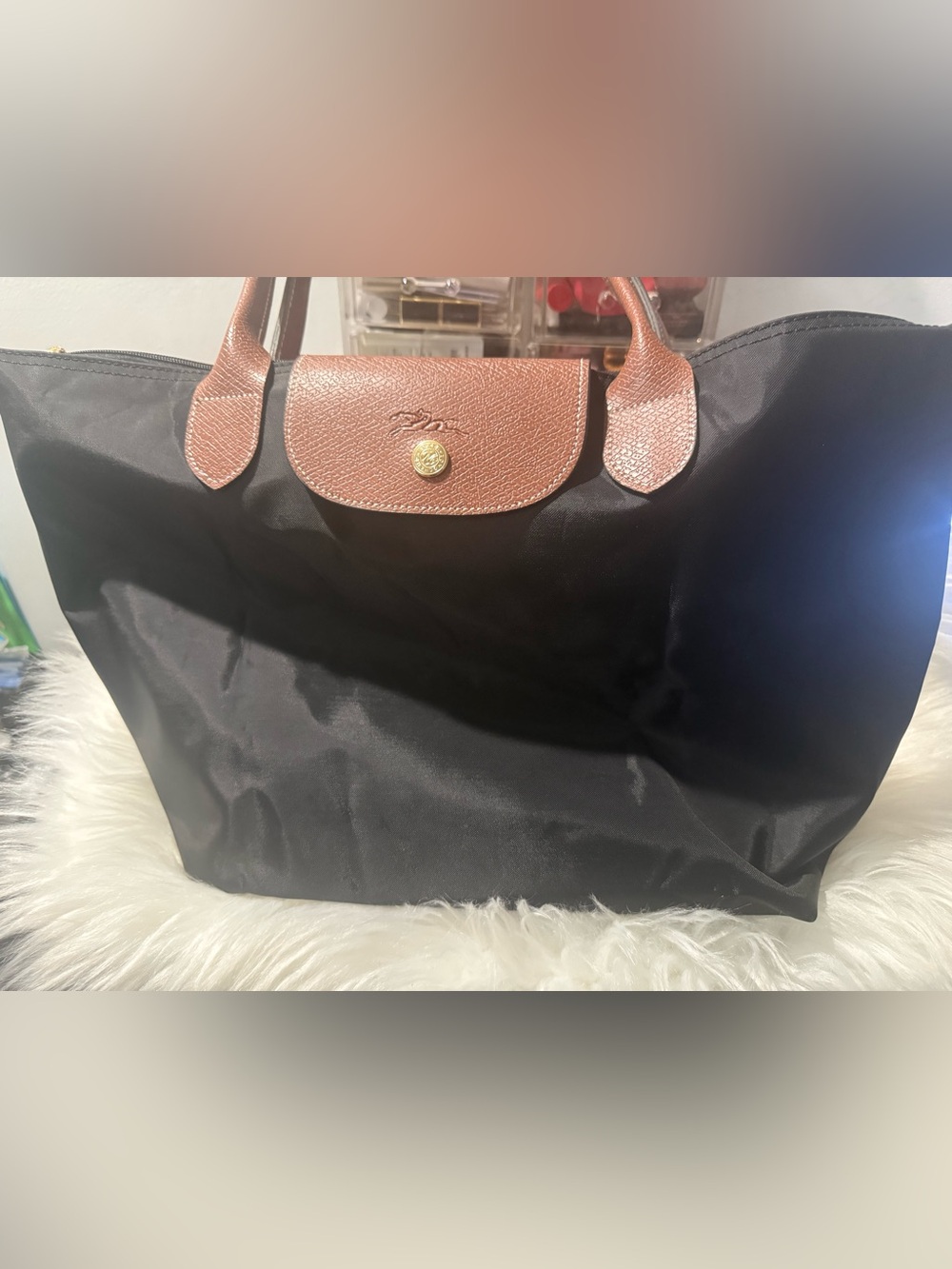 Longchamp Nylon Tote Bag in Black with Brown Trim. Medium size